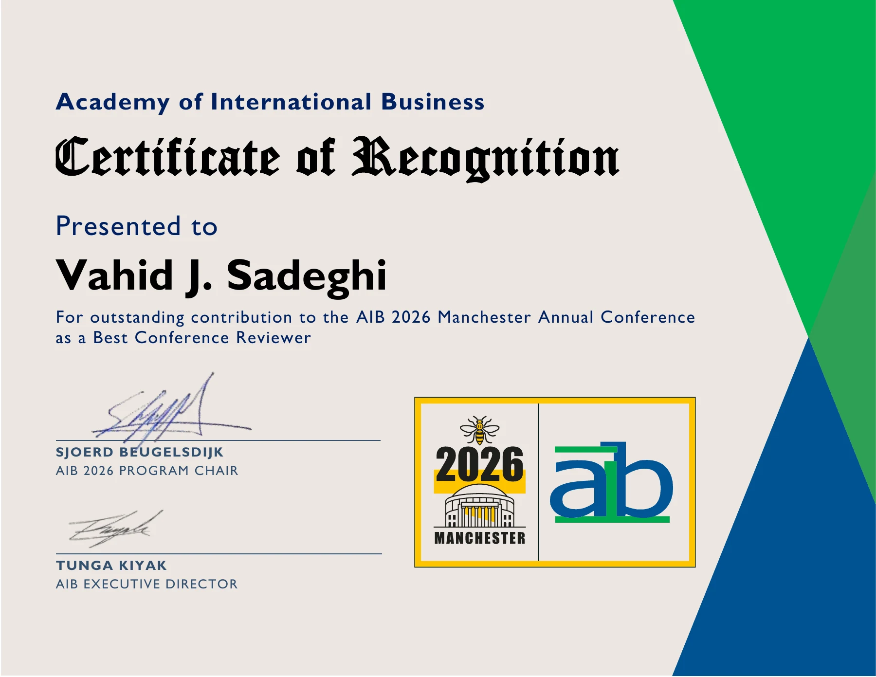 Academy of International Business Certificate of Recognition presented to Vahid J. Sadeghi as a Best Conference Reviewer at the 2026 Manchester Annual Conference